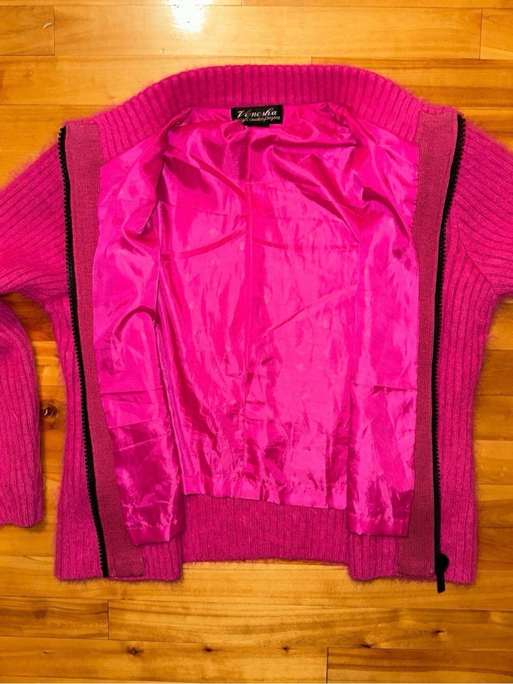 Venesha Womens M 80% Angora Pink Rhinestone Zip Cardigan Sweater Y2K Fuzzy - Picture 11 of 11